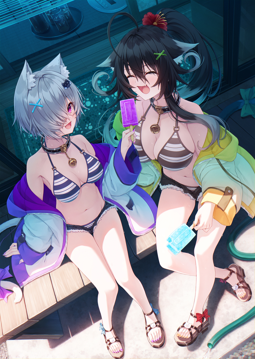 This is a pixiv picture whose title is 縁側で涼むくおんちゃんとせつなちゃん🐈.