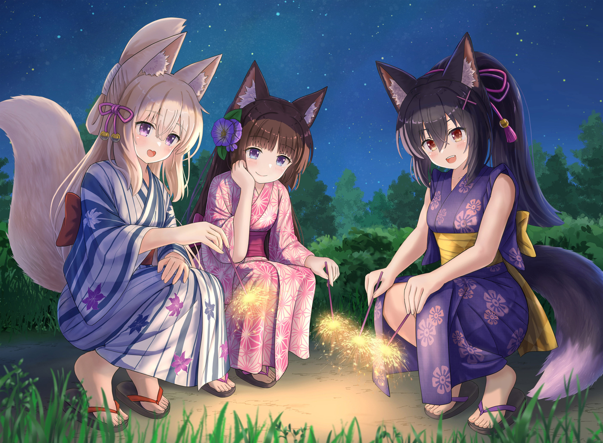 This is a pixiv picture whose title is 花火を愉しんでいる三人娘.