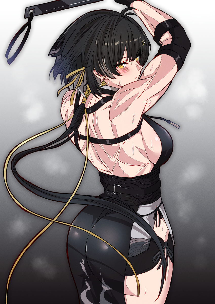 This is a pixiv picture whose title is 筋肉質な女漂泊者の蒸れた筋肉と尻.