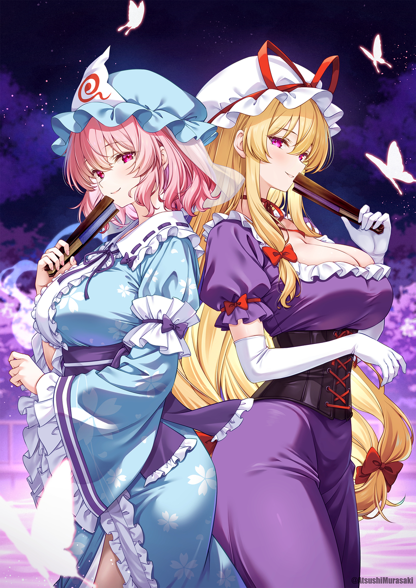 This is a pixiv picture whose title is 幽々子様と紫様の夕涼み.