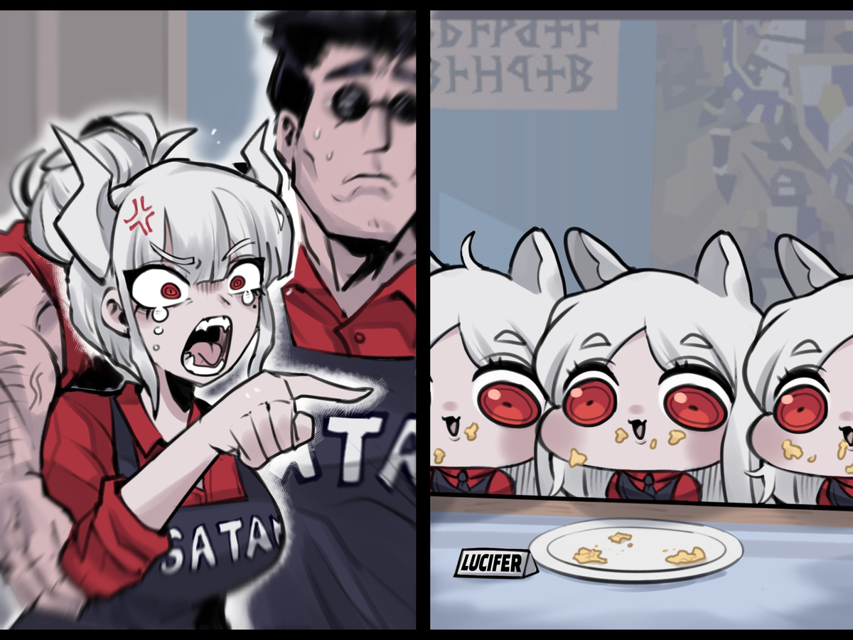 This is a pixiv picture whose title is Lucifer yelling at Cerberus.