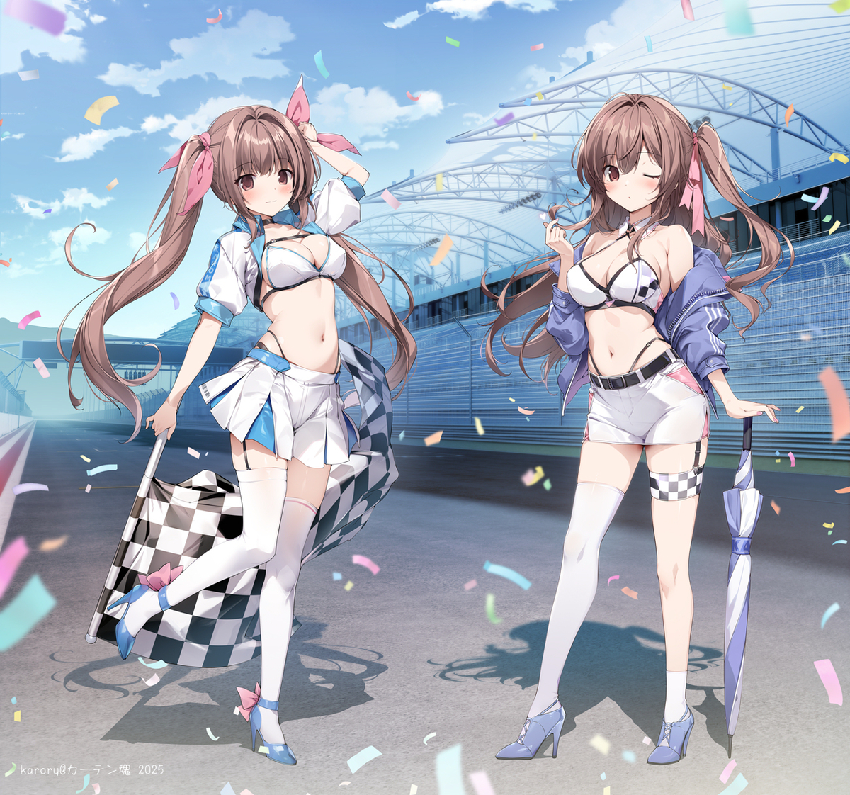 This is a pixiv picture whose title is レースクイーンの姉妹🏁.