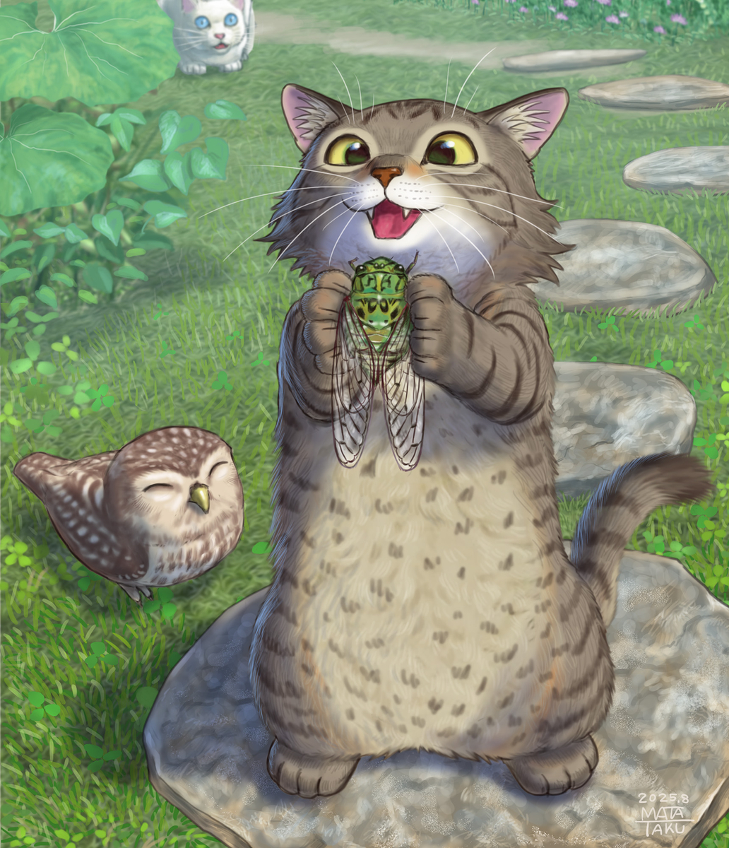 This is a pixiv picture whose title is 猫フク　セミ捕まえた！！.