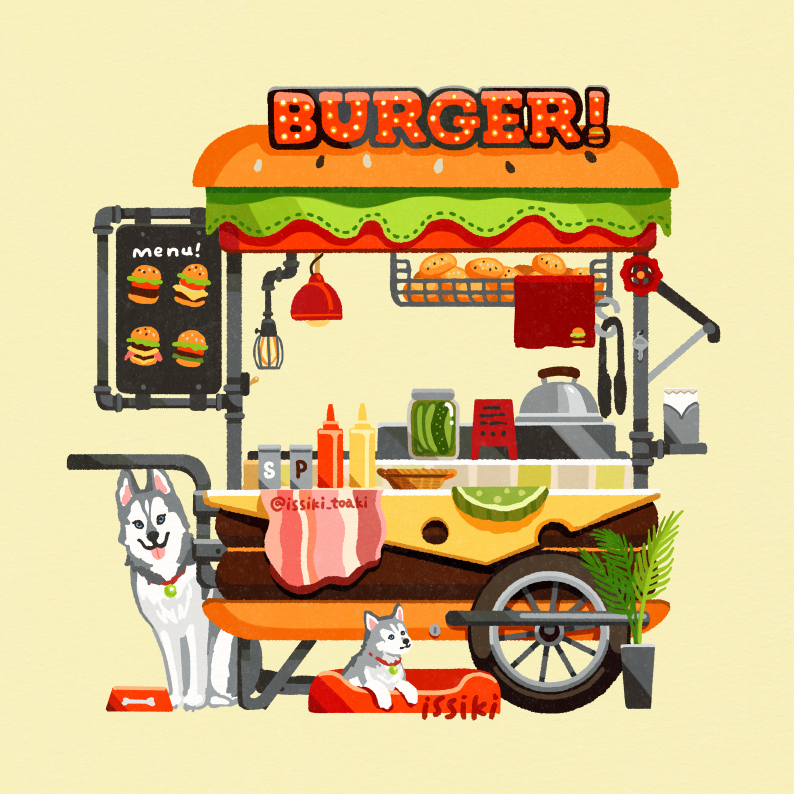This is a pixiv picture whose title is ハスキーとハンバーガーカート.