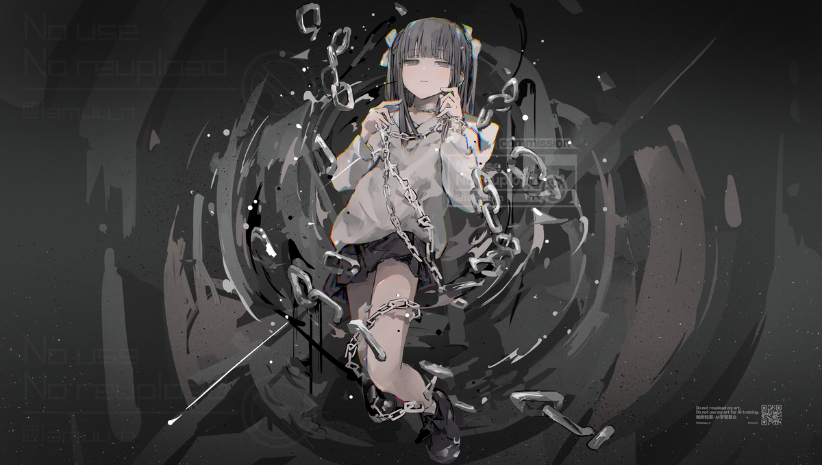 This is a pixiv picture whose title is 『音の囚人よ、強欲であれ』絵.