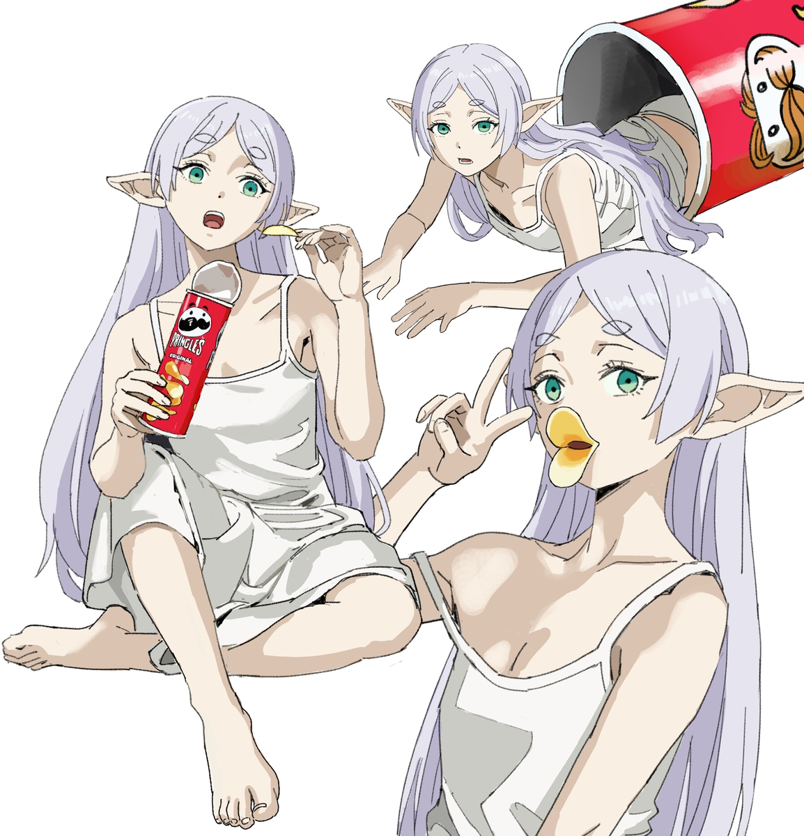 This is a pixiv picture whose title is Frieren Can’t Stop the Pringles.