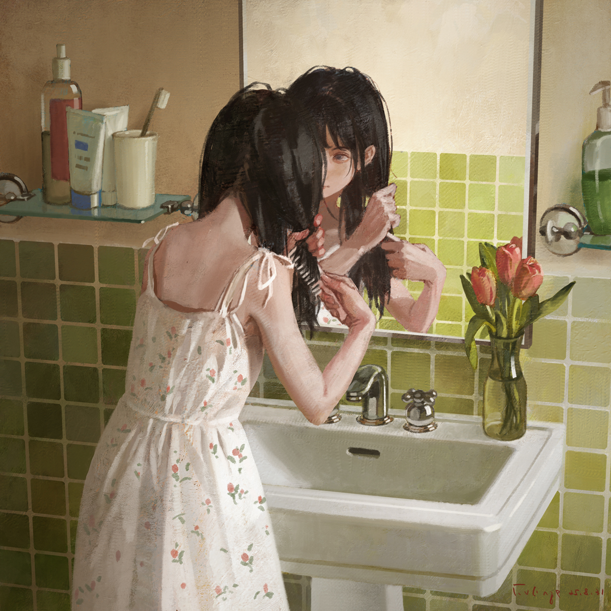 This is a pixiv picture whose title is 葵の朝、髪をとかす.