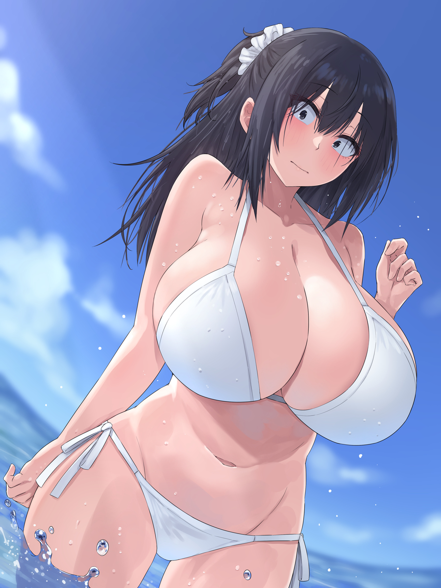 This is a pixiv picture whose title is 四白眼の母乳メイドさんー水着.