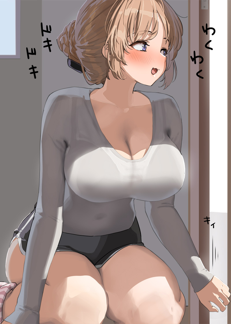 This is a pixiv picture whose title is 男友達が遊びに来た娘の部屋を覗く薄着の母（２枚）.