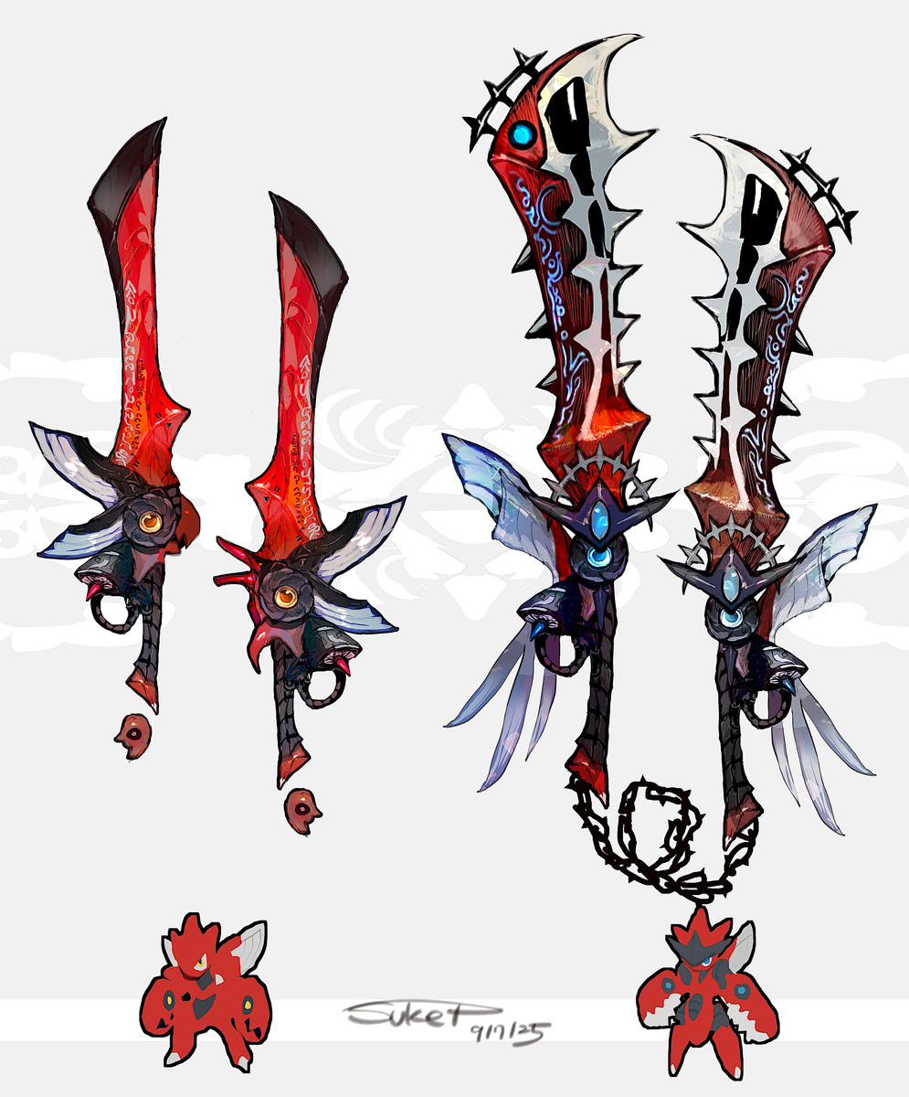 This is a pixiv picture whose title is ハッサム・メガハッサムモチーフの武器（ポケモン）.