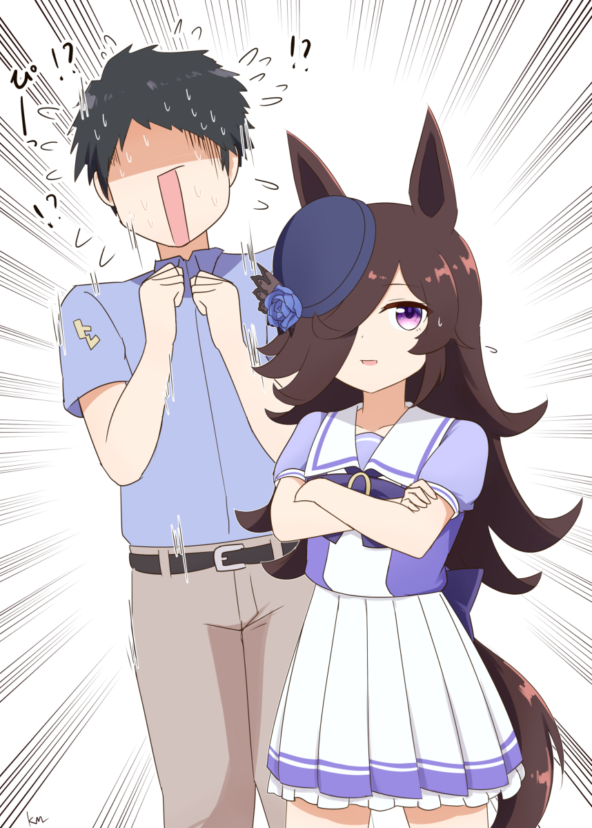 This is a pixiv picture whose title is 何かがあったライスとトレーナー.