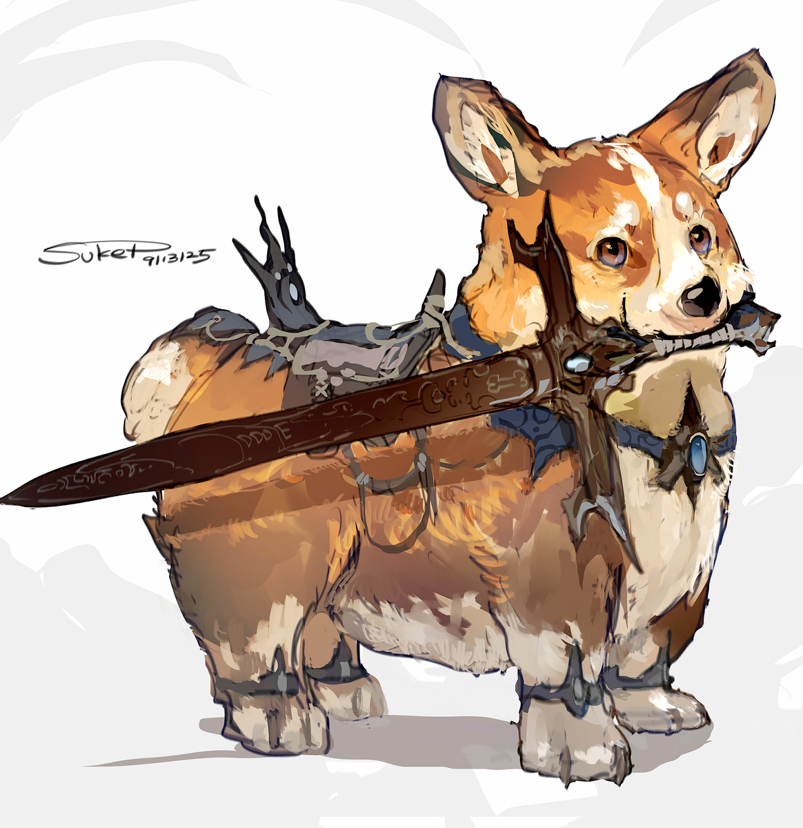 This is a pixiv picture whose title is コーギー　騎乗装備.