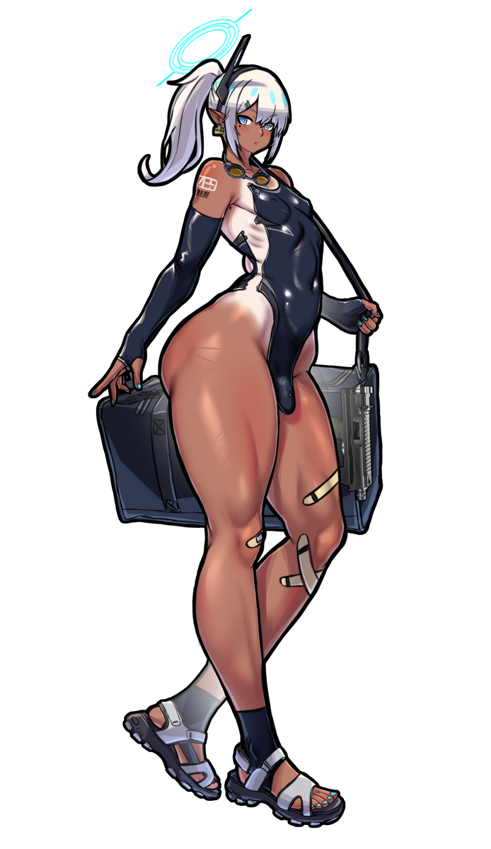 This is a pixiv picture whose title is 肉腿竞泳黑皮姐系男娘.