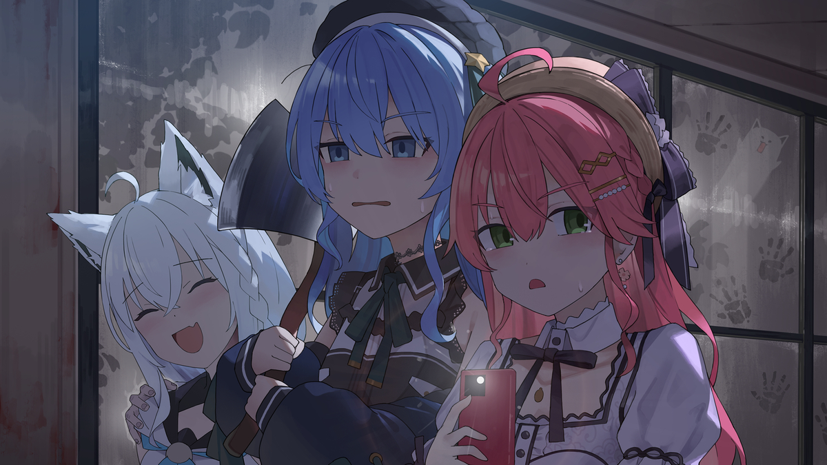 This is a pixiv picture whose title is 3人で肝試し.