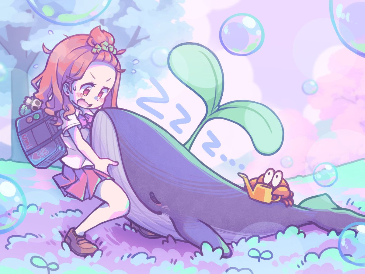 This is a pixiv picture whose title is のんびりイラスト「芽クジラは立たない」.