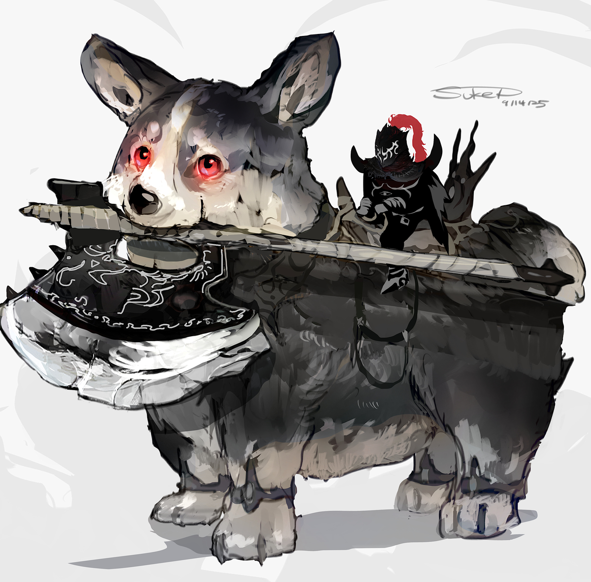 This is a pixiv picture whose title is ダークコーギー　騎乗装備.