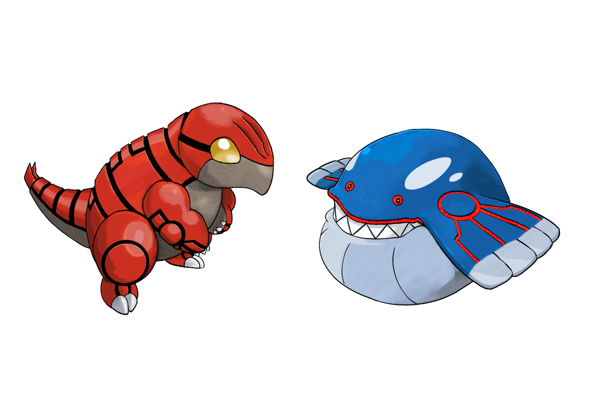 This is a pixiv picture whose title is グラードン&カイオーガ(childhood).