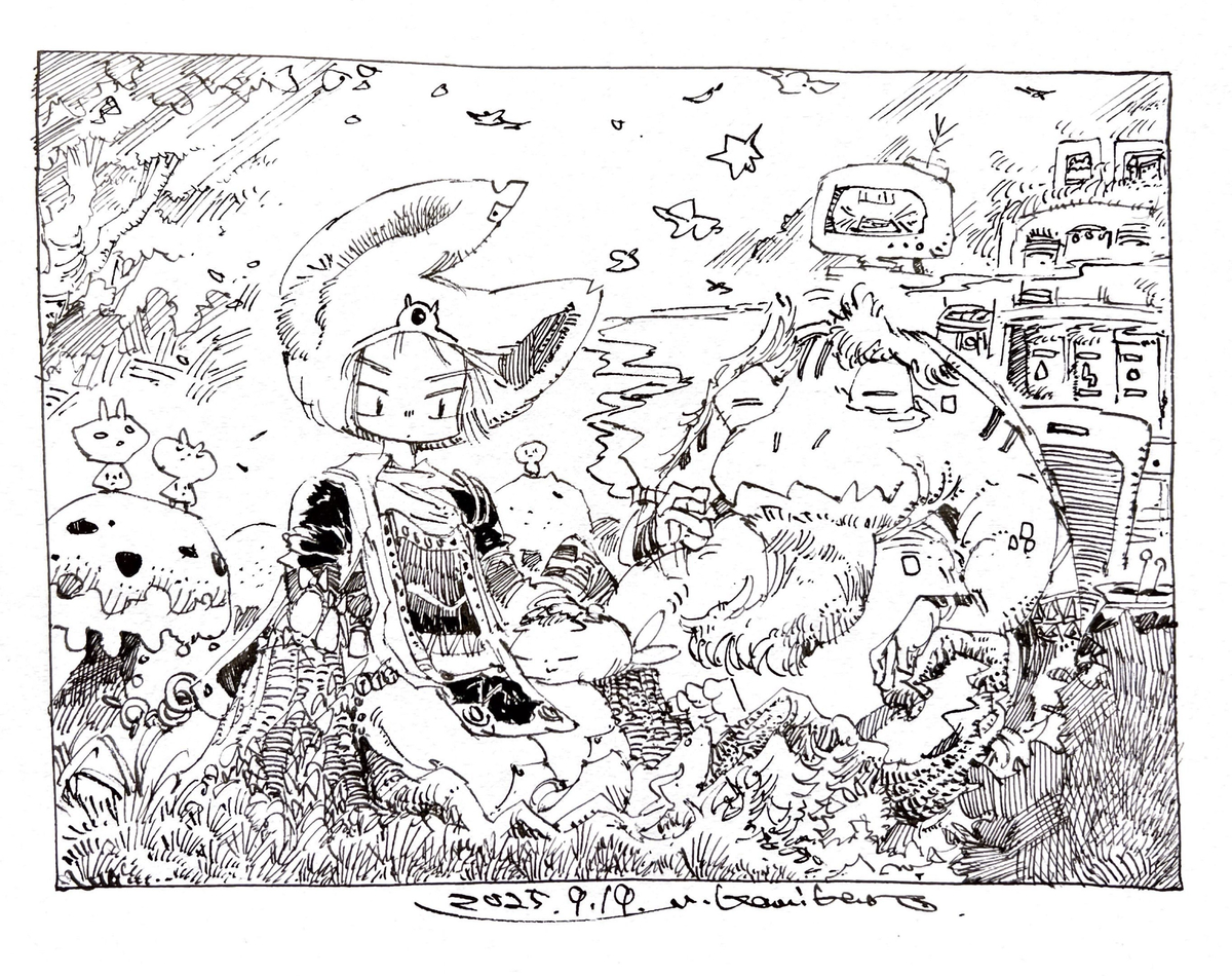 This is a pixiv picture whose title is 【ペン画】森の賢者とたたずむユーゲンくん.