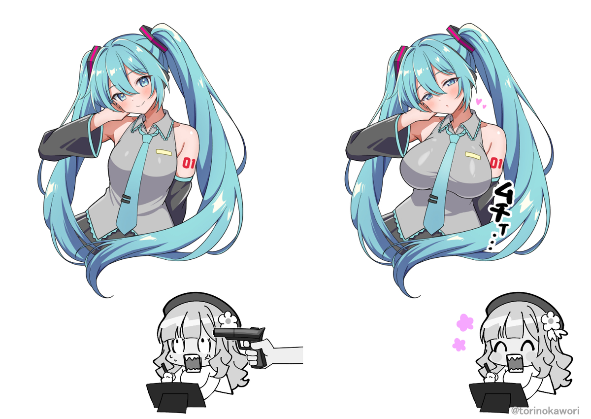 This is a pixiv picture whose title is 銃口を突き付けられながら描いた初音ミク / 自由に描いた初音ミク.