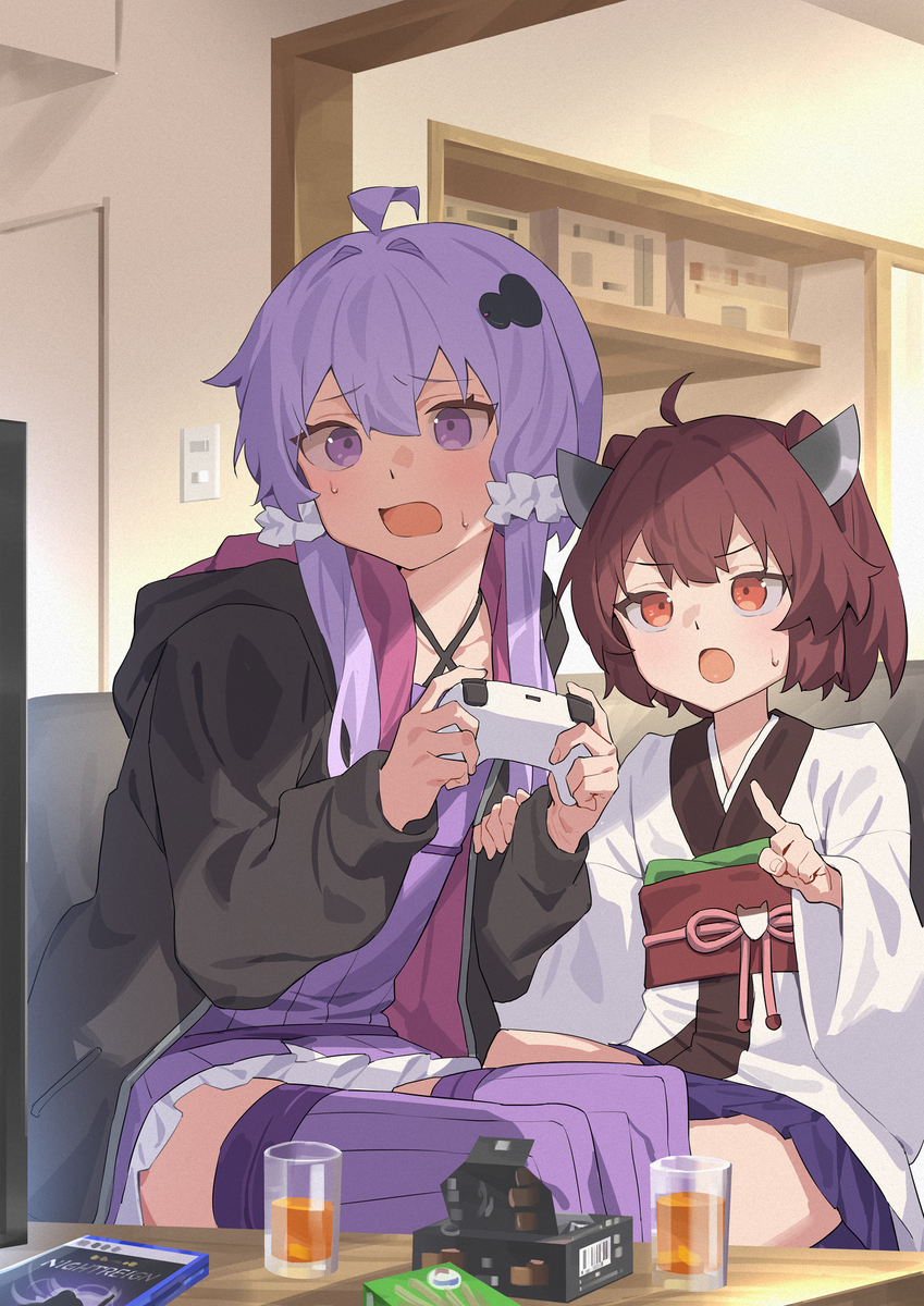 This is a pixiv picture whose title is ゲームするゆかりさんときりたん.