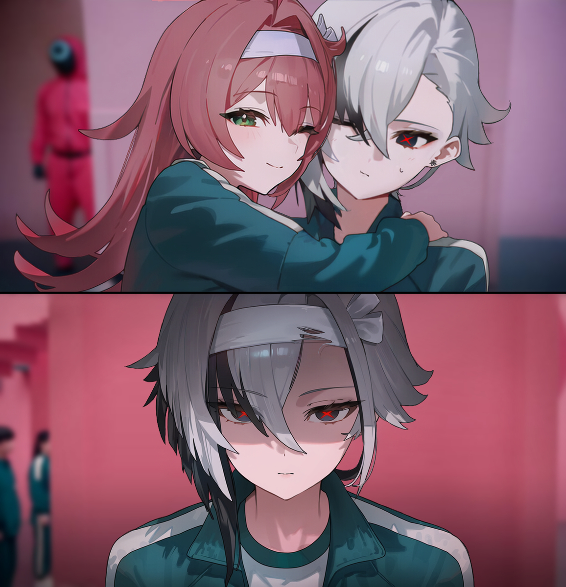 This is a pixiv picture whose title is アルレッキーノ & クリーヴ イカゲーム 🥲.