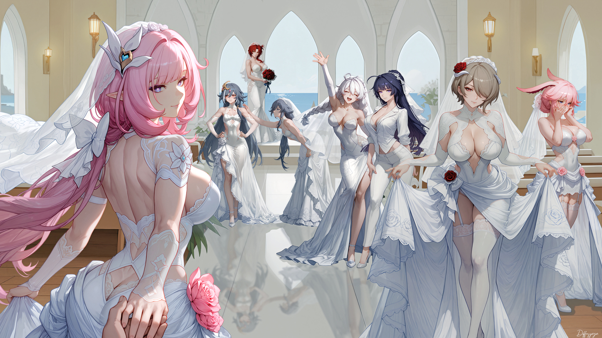 This is a pixiv picture whose title is Honkai Impact 3rd bride harem.