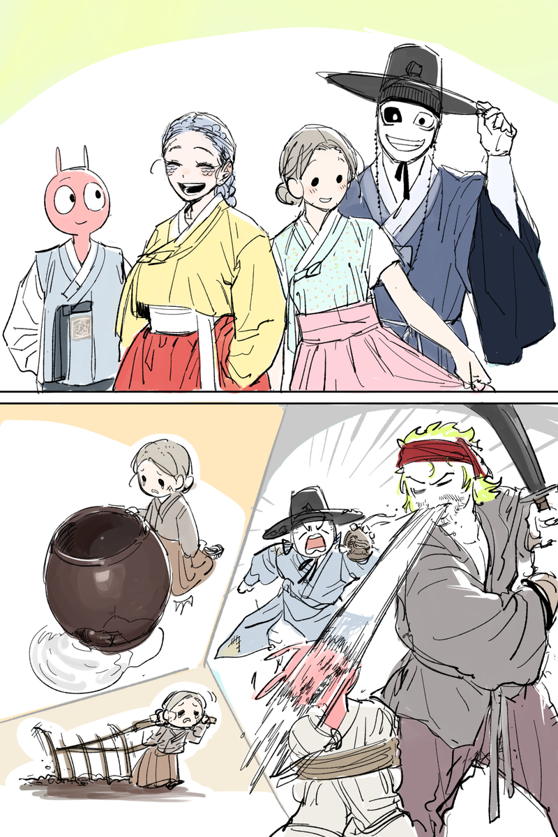 This is a pixiv picture whose title is 추석의상 이상과 현실.