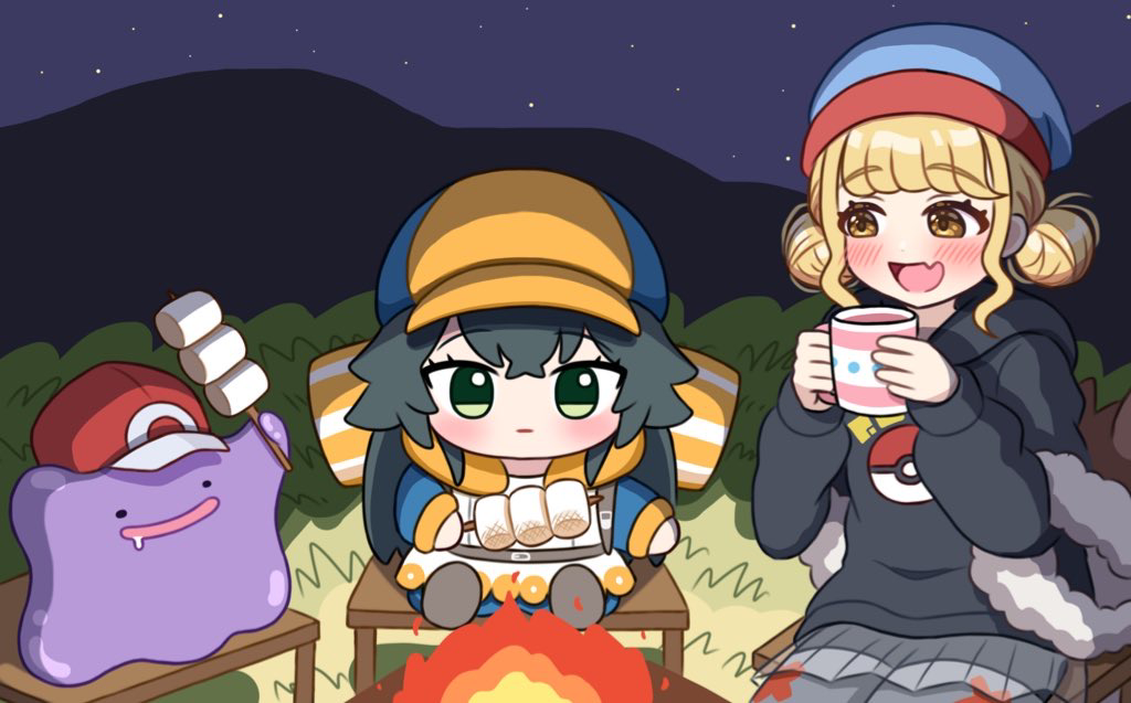 This is a pixiv picture whose title is 【skeb】てまぬいとことねとメタモンでキャンプ.