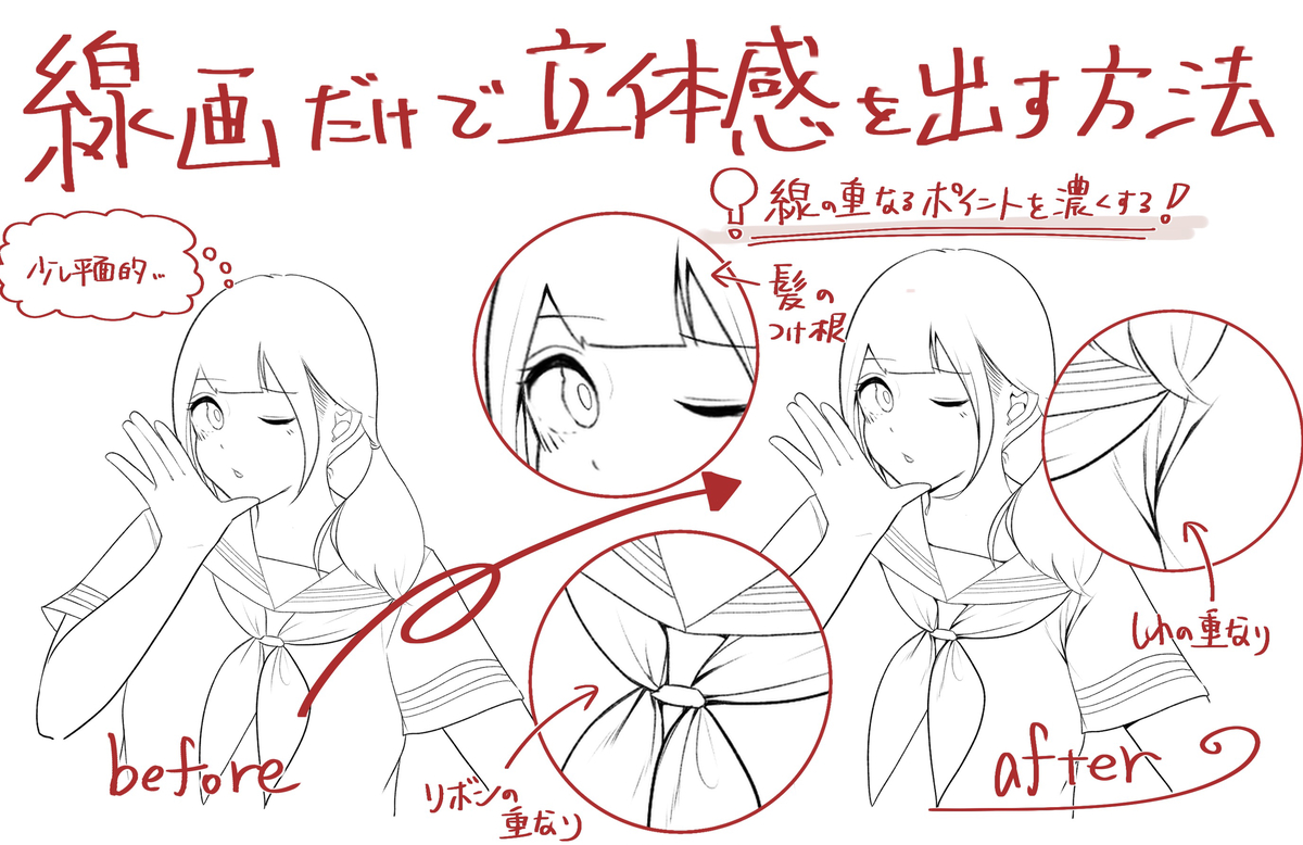 This is a pixiv picture whose title is 線画だけで立体感を出す方法.