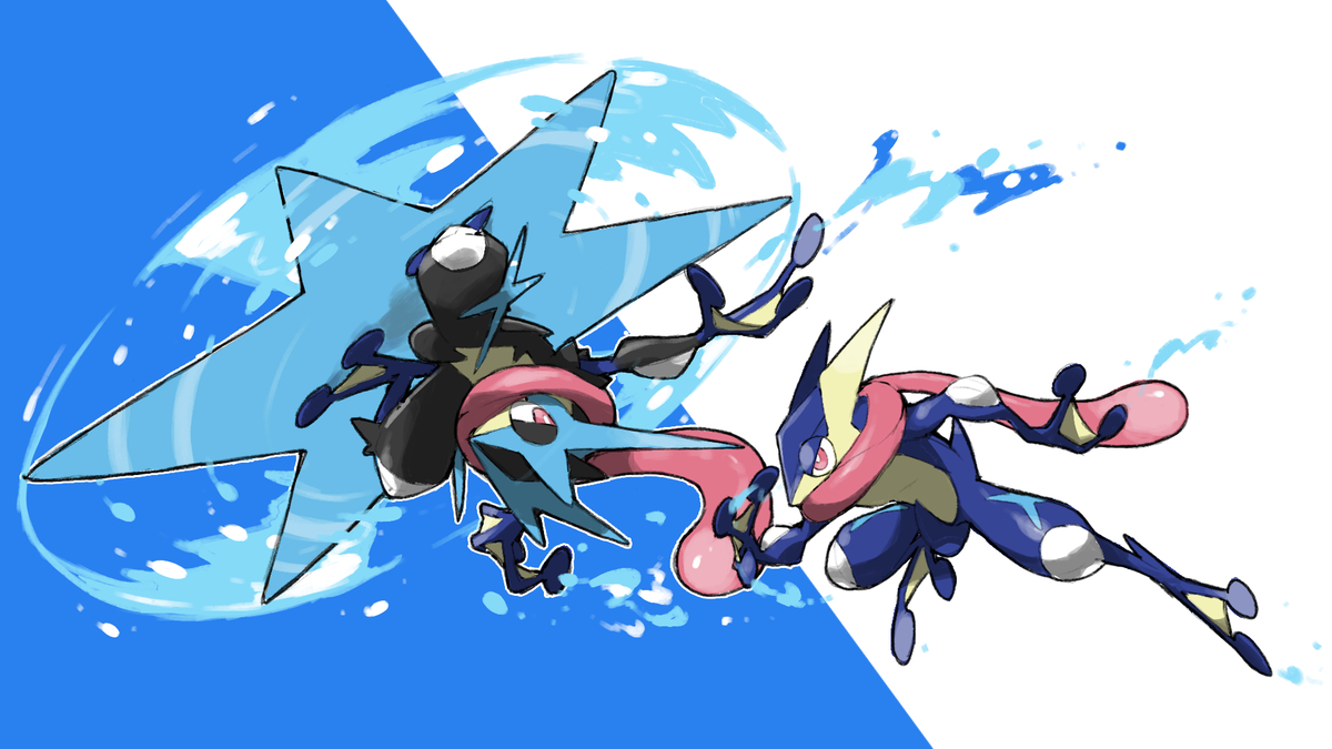 This is a pixiv picture whose title is Greninja and Mega Greninja.