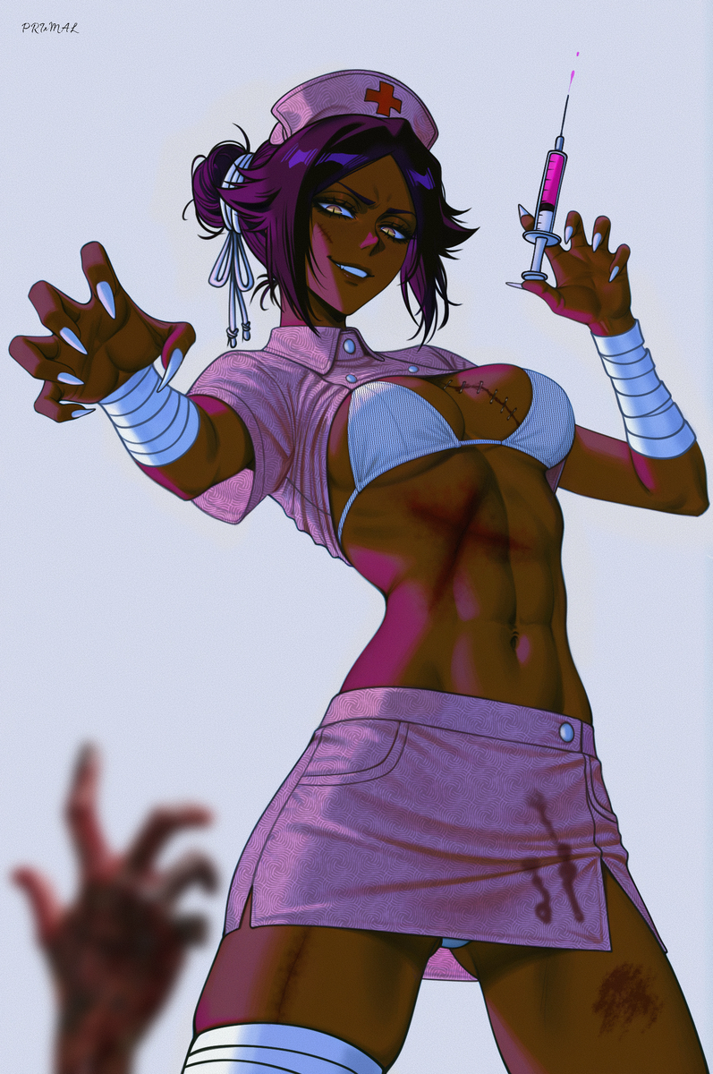 This is a pixiv picture whose title is Bloody Nurse Yoruichi.
