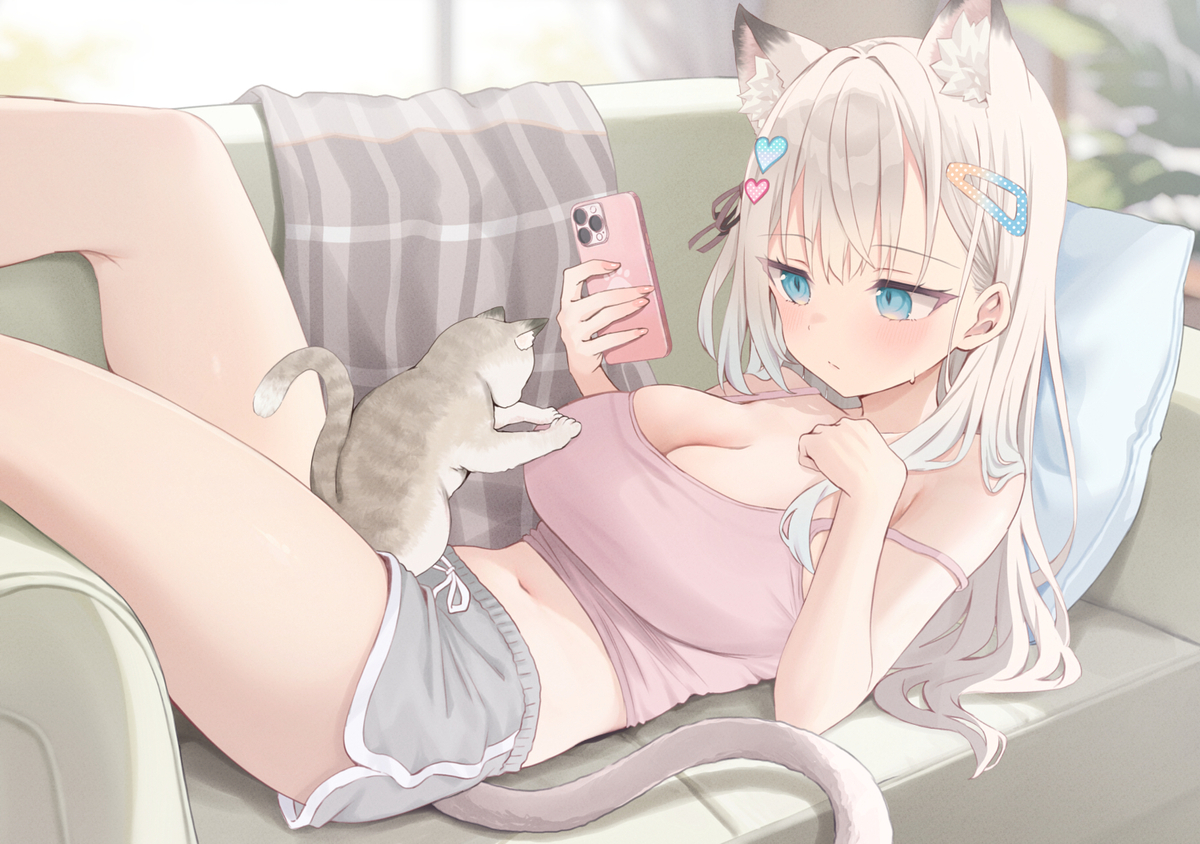 This is a pixiv picture whose title is 猫にふみふみされるモカちゃん.