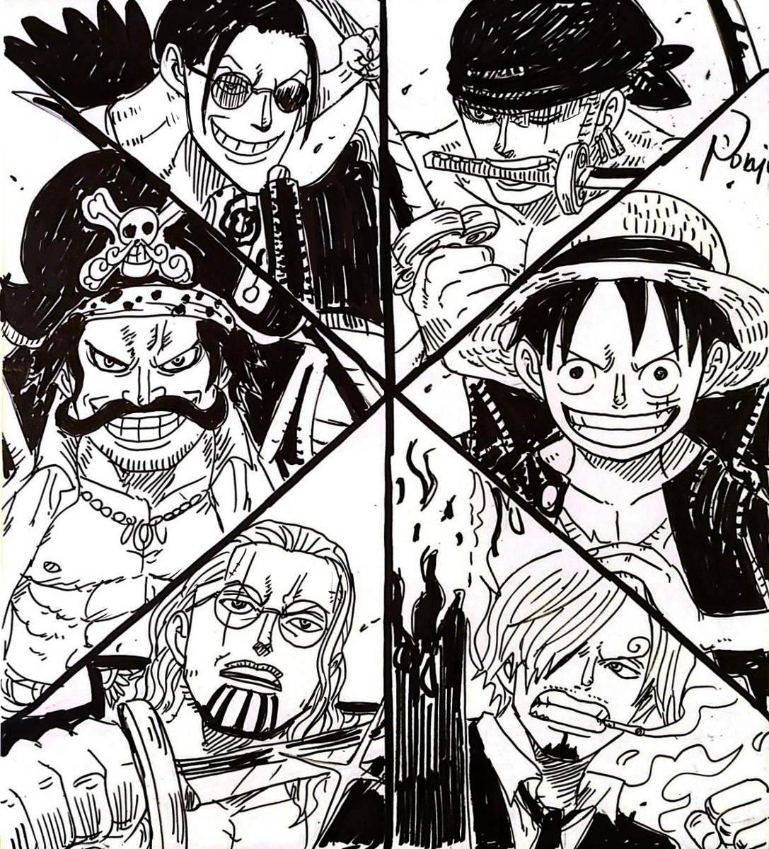 This is a pixiv picture whose title is 麦わら３強＆ロジャー海賊団３強.