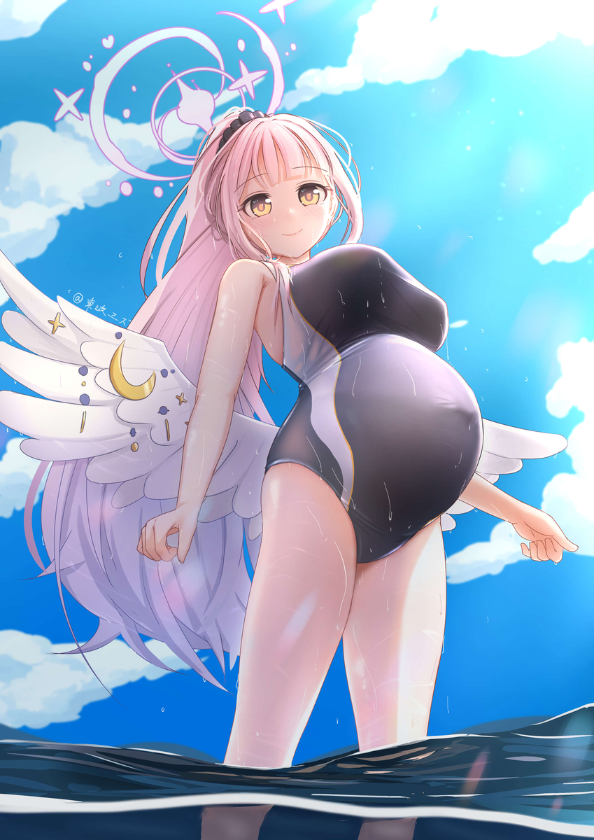 This is a pixiv picture whose title is 聖園ミカ-水着妊娠差分.