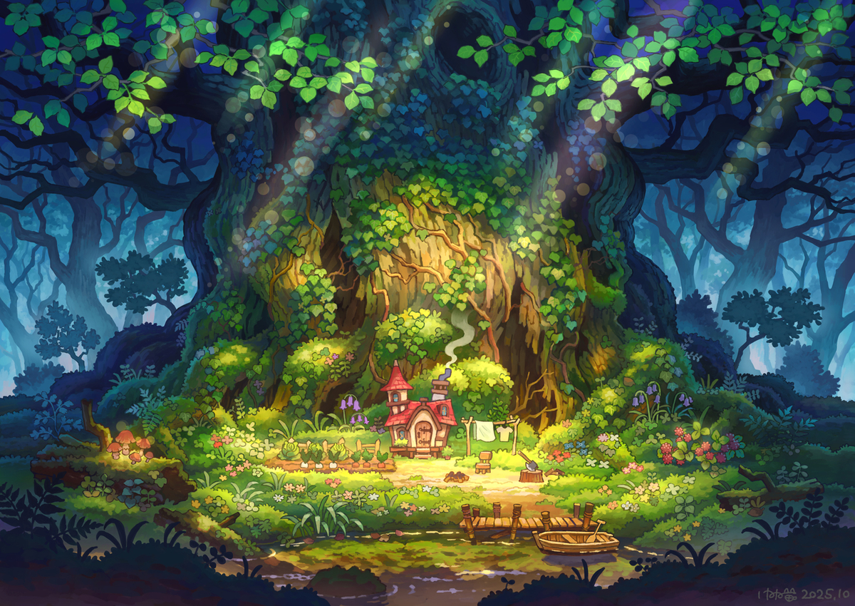 This is a pixiv picture whose title is 巨木の隠れ家.