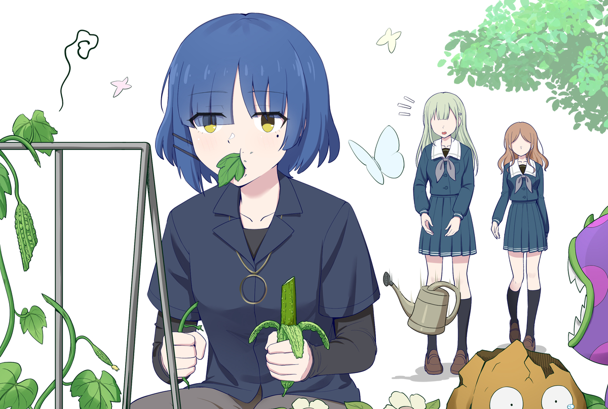 This is a pixiv picture whose title is 神秘蓝发吃草女.