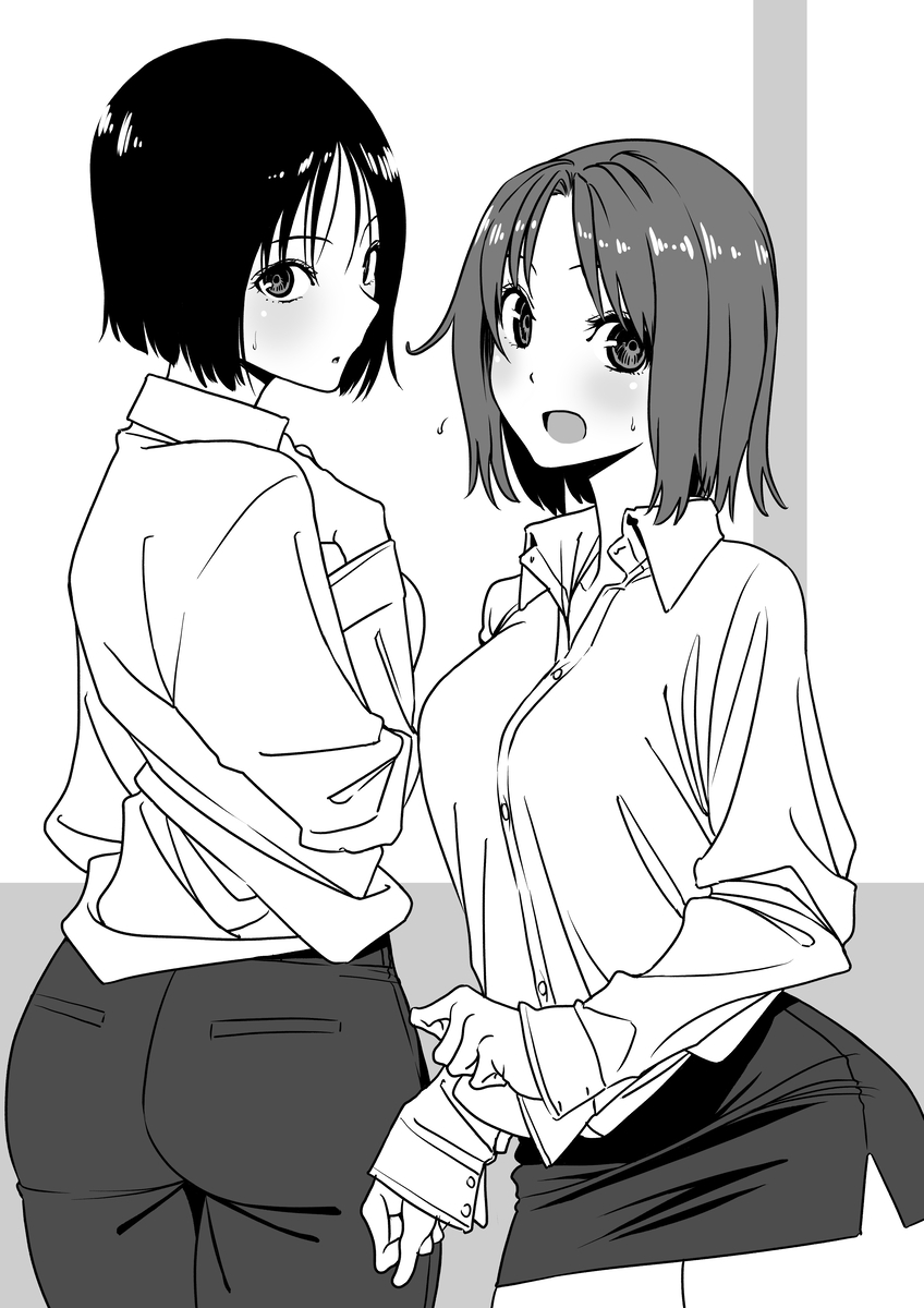 This is a pixiv picture whose title is 急いで服を着たけど、さっきまでセックスしていた華織と桂子。.
