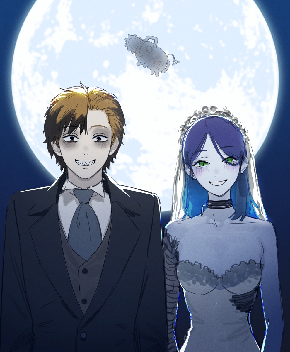 This is a pixiv picture whose title is Denji, Reze corpse bride.