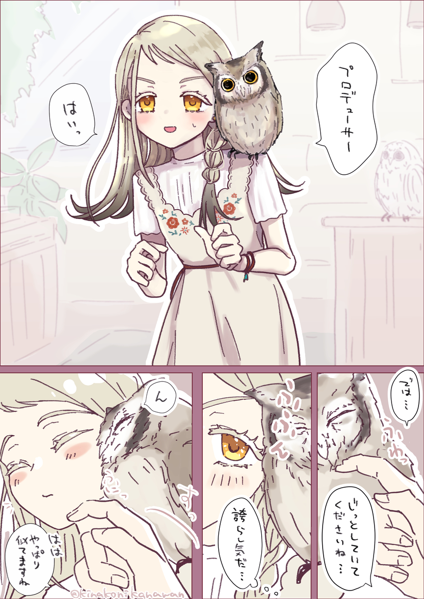 This is a pixiv picture whose title is フクロウカフェに行くP広.