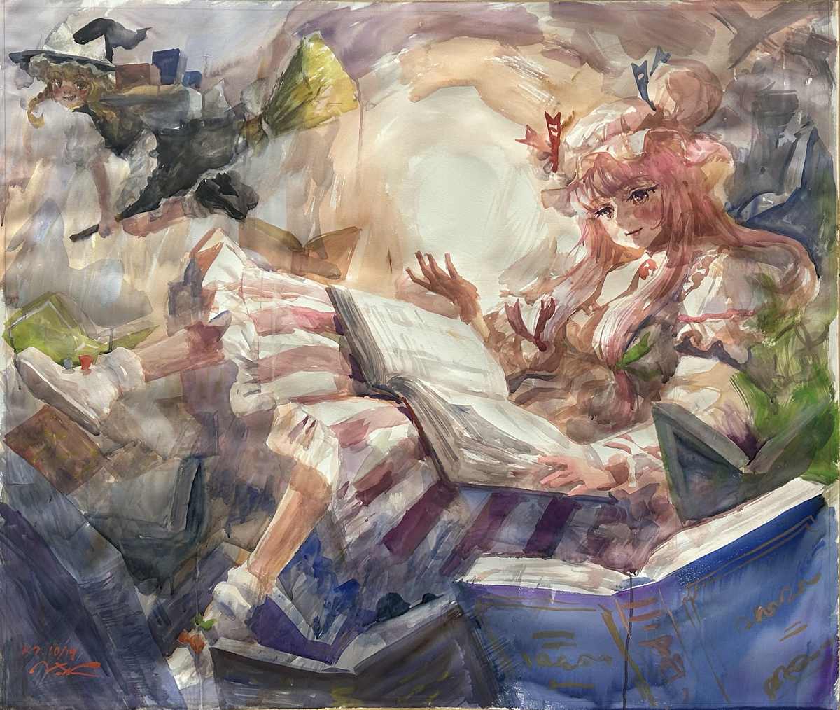This is a pixiv picture whose title is パチュリー読書の秋：秋季例大祭100号ライヴペインティング計画作.