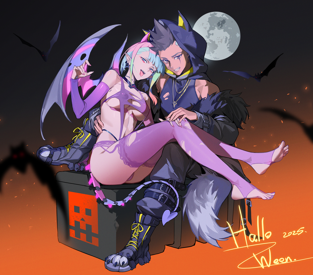 This is a pixiv picture whose title is happy helloween 😈🐺🎃🎃.