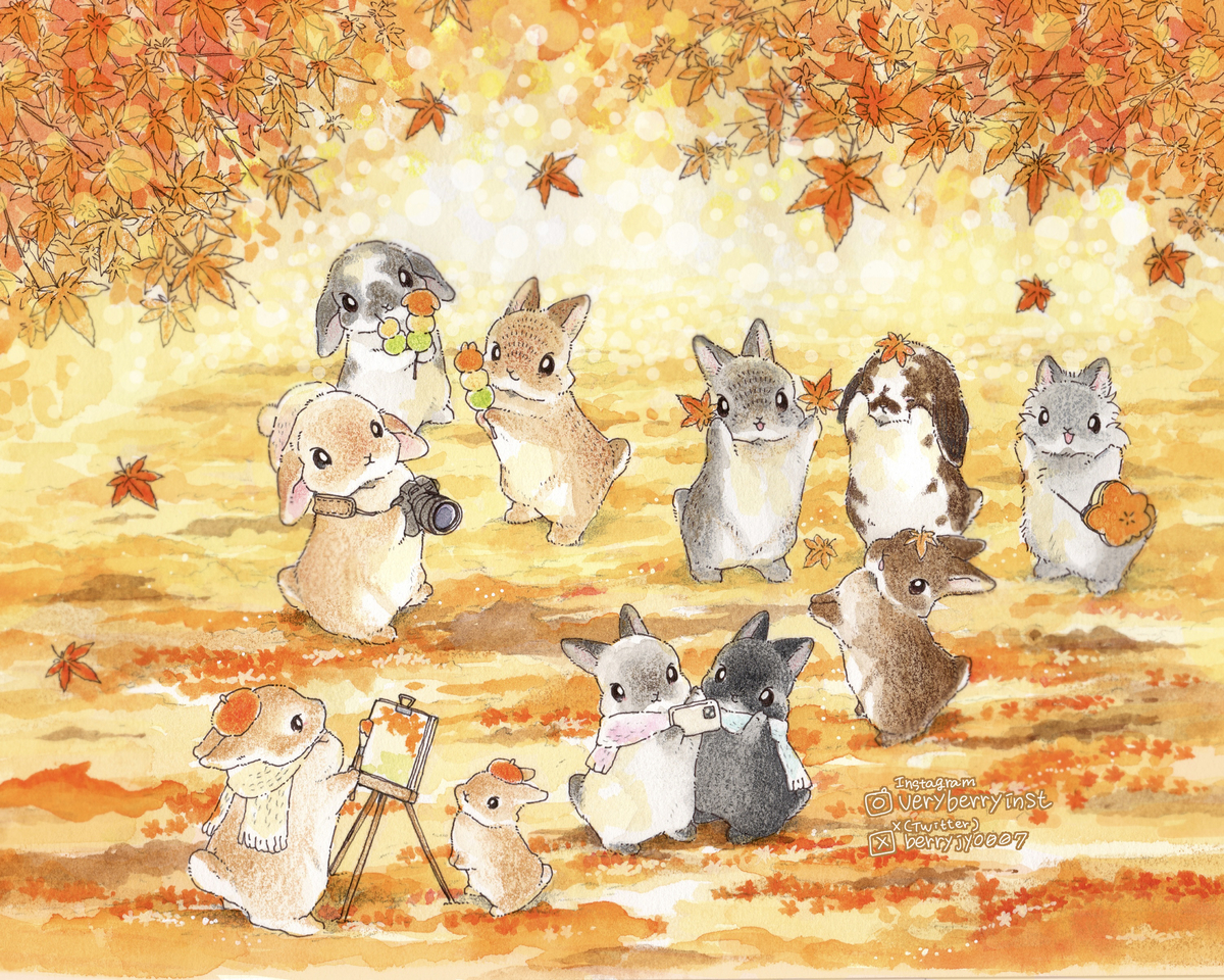 This is a pixiv picture whose title is うさぎさんの紅葉狩り🍁🐰🍁.