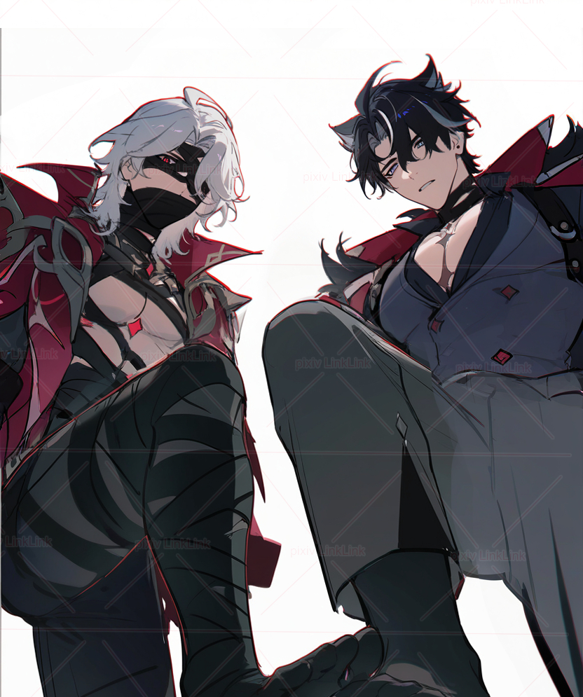 This is a pixiv picture whose title is 摔倒的时候偶遇莱欧斯利和猎月人.