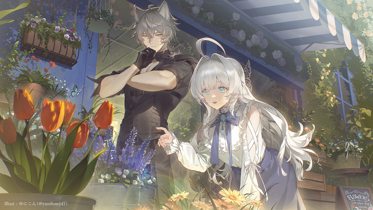 This is a pixiv picture whose title is 花屋にて.