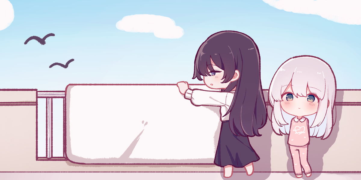 This is a pixiv picture whose title is お布団を干す絵.