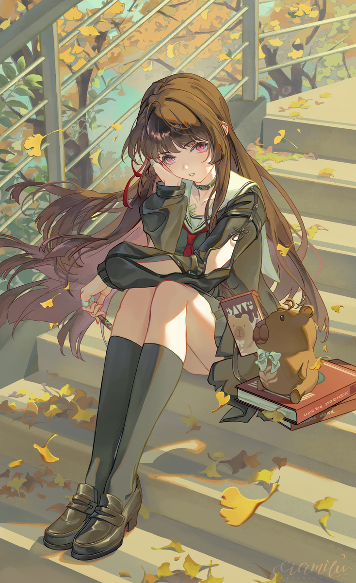 This is a pixiv picture whose title is 🍂秋に落葉.