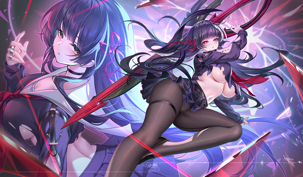 This is a pixiv picture whose title is 千咲：黑丝与红绦的交织.