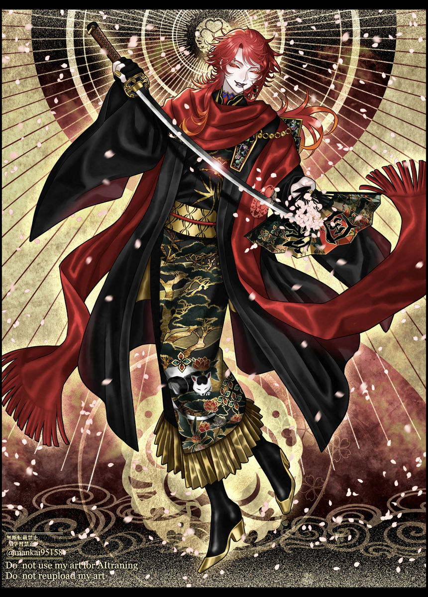 This is a pixiv picture whose title is 扇から抜刀する三郎国宗.