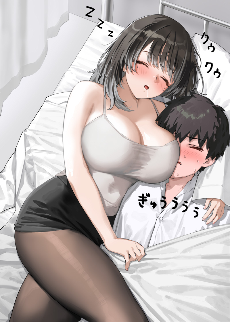 This is a pixiv picture whose title is 添い寝してくれるけど寝相の悪いダウナーな保健室の先生.