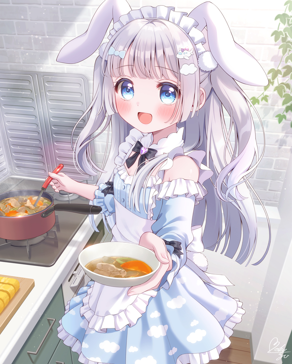 This is a pixiv picture whose title is 豚汁の味見してくれる？.